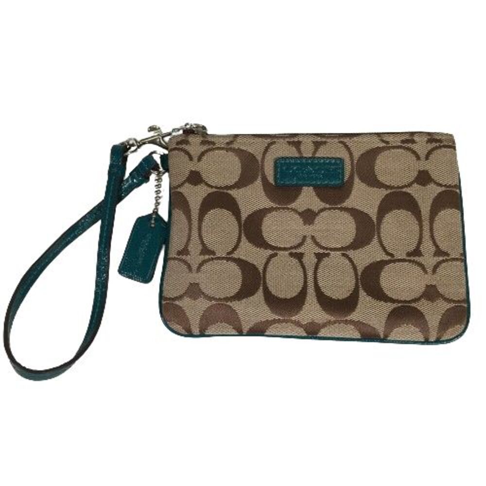 Coach F51775 Park Signature Jacquard Wallet Wristlet Clutch Khaki Teal Blue